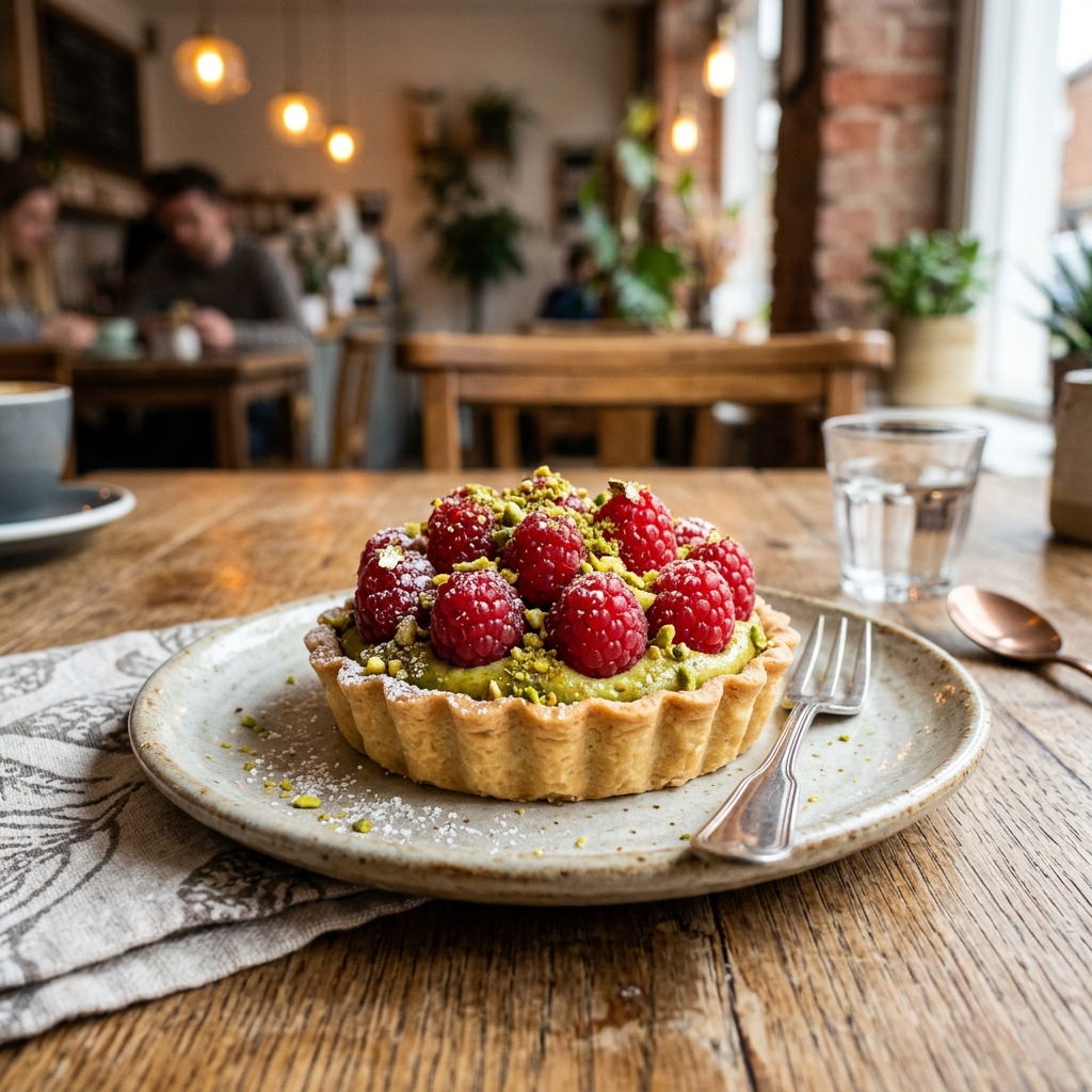 Pistachio and fresh raspberry tart